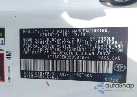 2011 Toyota Camry Se/Le/Xle z USA, uszkodzony, nr VIN 4T1BF3EK2BU591894